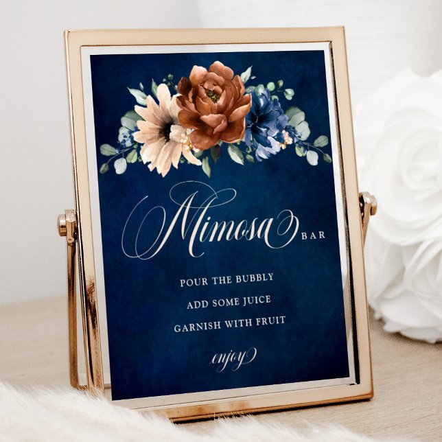 Terracotta Navy Blue Brautparty Mimosa Bar Sign Poster (Mimosa bar bridal shower sign with terracotta and navy blue flowers)
