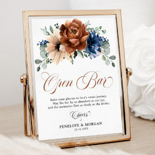 Terracotta Navy Blue Brautparty Open Bar Sign Poster