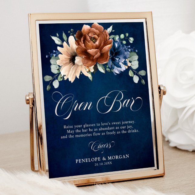 Terracotta Navy Blue Brautparty Open Bar Sign Poster (Terracotta Navy floral open bar sign)