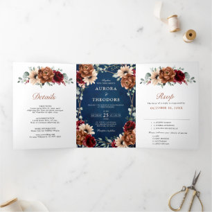 Terracotta Navy Blue Burgundy Geometric Wedding Dreifach Gefaltete Ankündigung