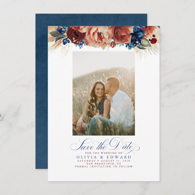 Terracotta Navy Blue Floral Save the Date Foto (Vorne/Hinten)
