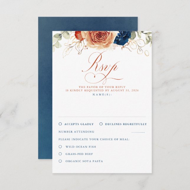Terracotta Navy Blue Flowers Wedding RSVP (Vorne/Hinten)