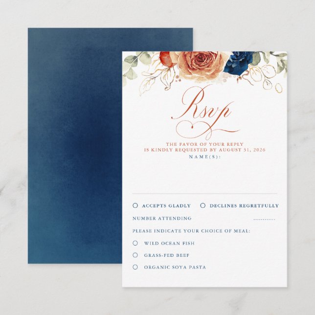 Terracotta Navy Blue Flowers Wedding RSVP Karte (Vorne/Hinten)