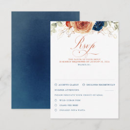 Terracotta Navy Blue Flowers Wedding RSVP Karte