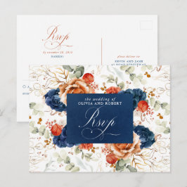 Terracotta Navy Blue Flowers Wedding RSVP Postkarte