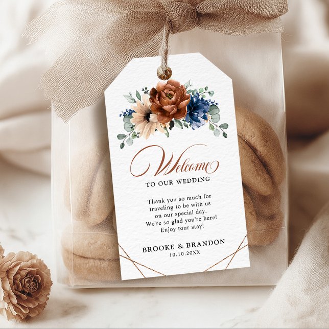 Terracotta Navy Blue Geometric Wedding Willkommen Geschenkanhänger (Terracotta Navy Blue Geometric Wedding Welcome Gift Tags)