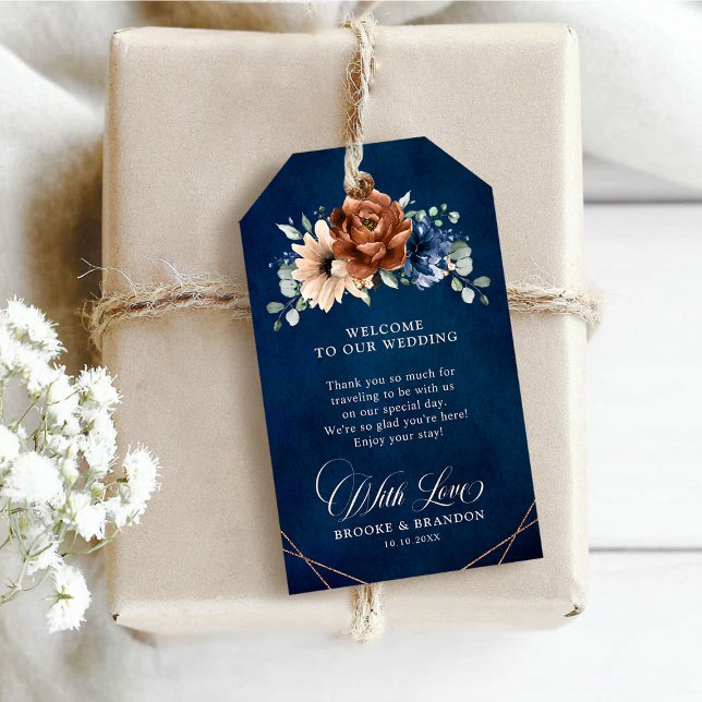 Terracotta Navy Blue Geometric Wedding Willkommen Geschenkanhänger (Terracotta Navy Blue Geometric Wedding Welcome Gift Tags)
