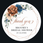 Terracotta Navy Blue Green Geometric Vielen Dank Runder Aufkleber<br><div class="desc">Elegantes Navy Blau,  Terracotta ,  Orange erthy floral Thema Brautparty danke Ihnen Aufkleber mit elegantem Bouquet von Navy Blau,  Terracotta Farbe Rose Peonies und grüne eucalyptus Blätter. Bitte kontaktieren Sie mich für Hilfe bei der Anpassung oder wenn Sie ein anderes Produkt mit diesem Design benötigen.</div>