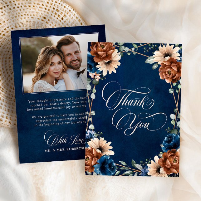 Terracotta Navy Blue Greenerity Foto Wedding Dankeskarte (Terracotta Navy Blue Greenery Photo Wedding Thank You Card)