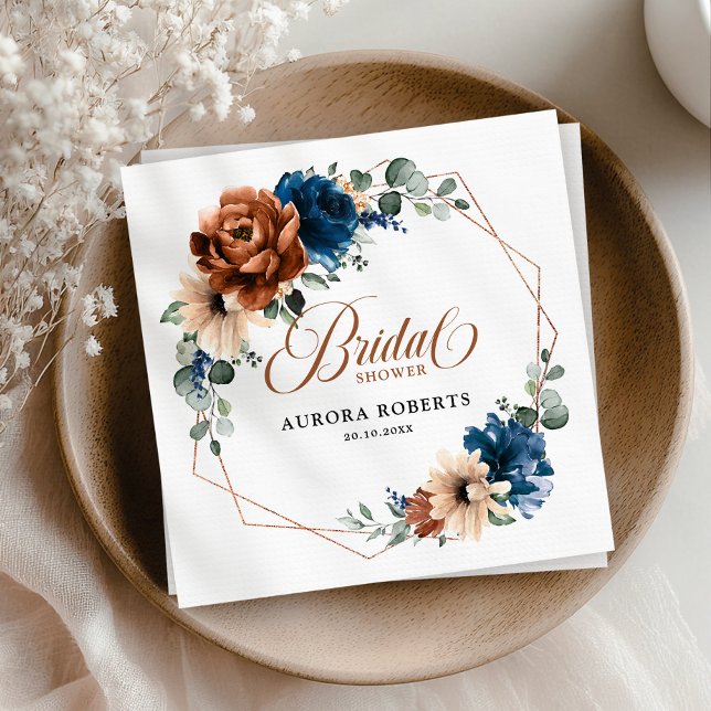 Terracotta Navy Blue Greenery Brautparty Serviette (Terracotta Navy Blue Greenery geometric Bridal Shower Napkins)