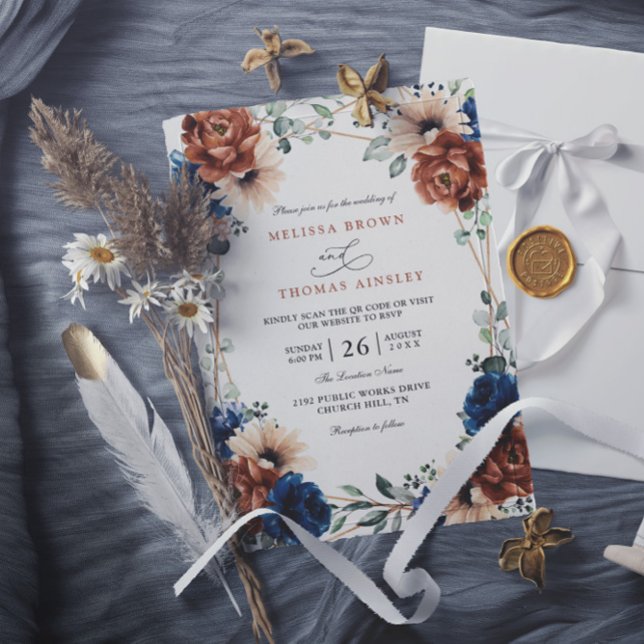 Terracotta Navy Blue Greenery Chic QR Code Wedding Einladung (Von Creator hochgeladen)