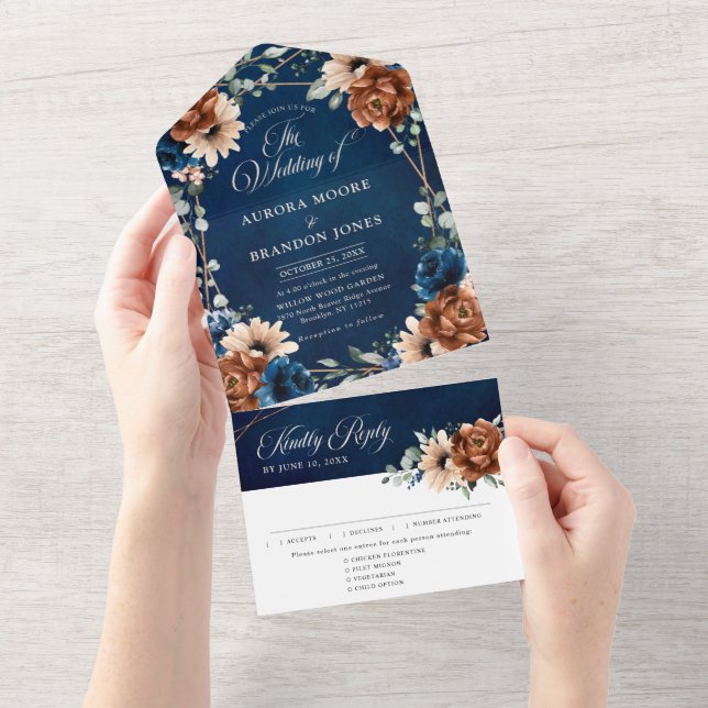 Terracotta Navy Blue Greenery Geometric Wedding Al All In One Einladung (Abreißen)