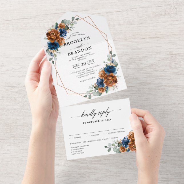 Terracotta Navy Blue Greenery Geometric Wedding All In One Einladung (Abreißen)