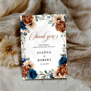 Terracotta Navy Blue Greenery Geometric Wedding Dankeskarte