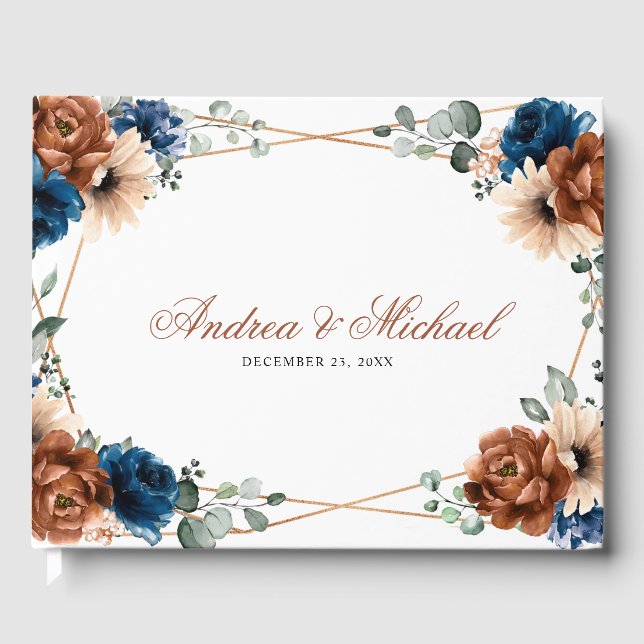 Terracotta Navy Blue Greenery Geometric Wedding Gästebuch (Vorderseite)