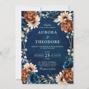 Terracotta Navy Blue Greenery Geometric Wedding in Einladung