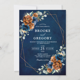 Terracotta Navy Blue Greenery Geometric Wedding in Einladung