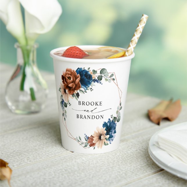 Terracotta Navy Blue Greenery Geometric Wedding Pappbecher (In Situ)