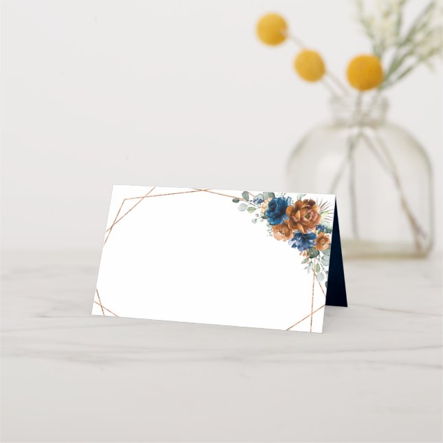 Terracotta Navy Blue Greenery Geometric Wedding Pl Platzkarte (Vorderseite)