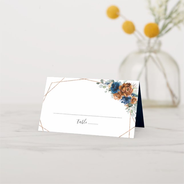 Terracotta Navy Blue Greenery Geometric Wedding Platzkarte (Vorderseite)