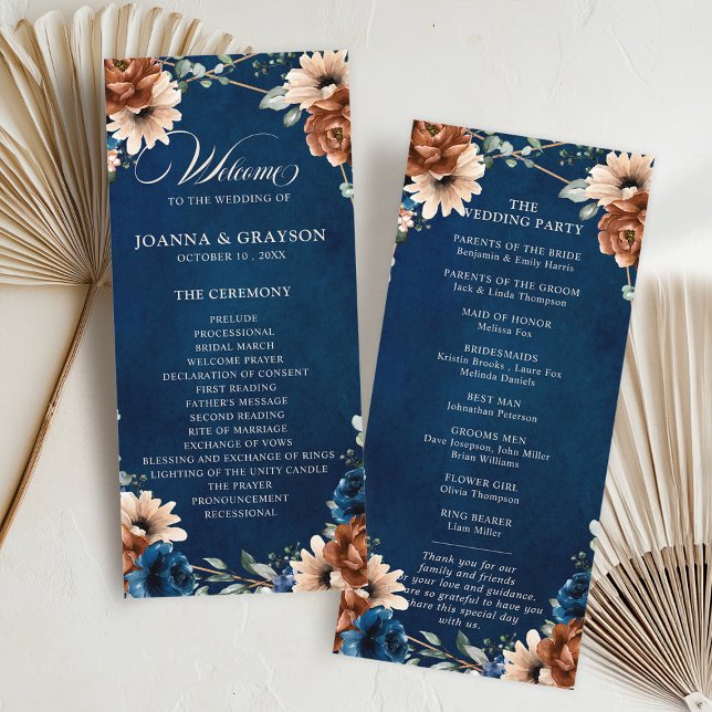Terracotta Navy Blue Greenery Geometric Wedding Pr Programm (Terracotta Navy Blue Greenery Geometric Wedding Program card)