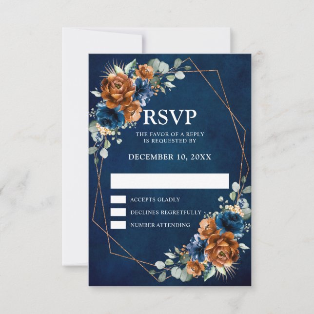 Terracotta Navy Blue Greenery Geometric Wedding RS RSVP Karte (Vorderseite)
