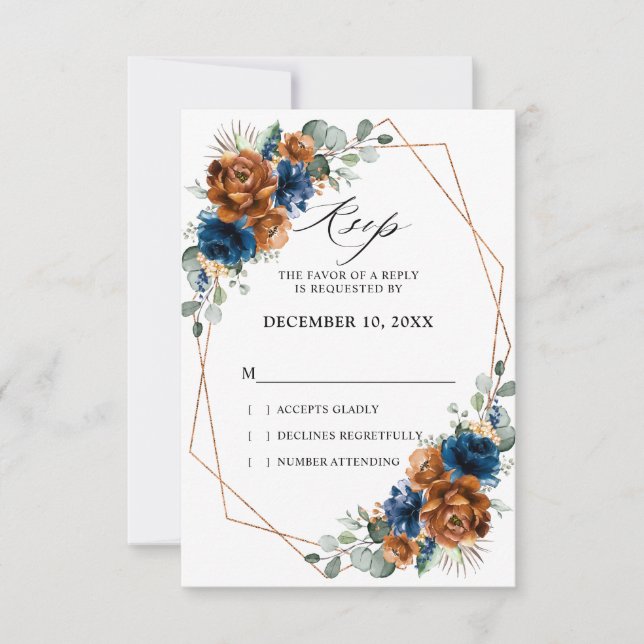 Terracotta Navy Blue Greenery Geometric Wedding RS RSVP Karte (Vorderseite)