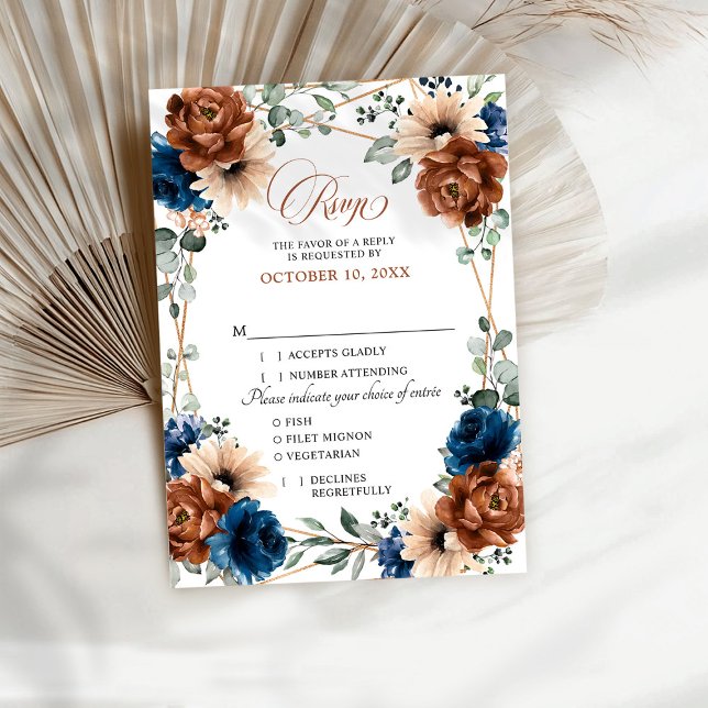 Terracotta Navy Blue Greenery Geometric Wedding RS RSVP Karte (Terracotta Navy Blue Greenery Geometric Wedding RSVP Card with meal choice details.
)