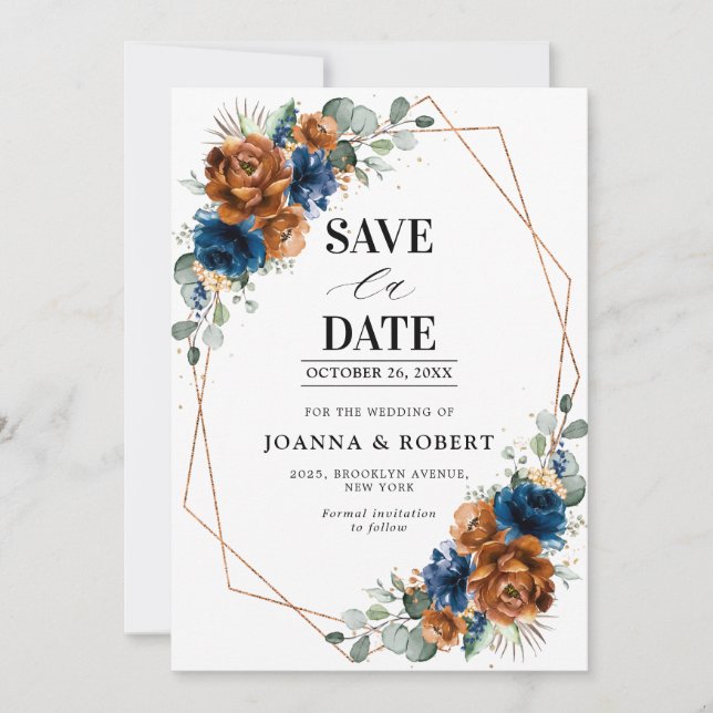 Terracotta Navy Blue Greenery Geometric Wedding Sa Save The Date (Vorderseite)