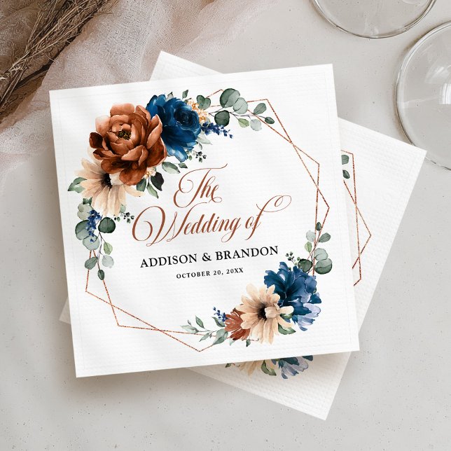 Terracotta Navy Blue Greenery Geometric Wedding Serviette (Terracotta Navy Blue Greenery Geometric Wedding Napkins)