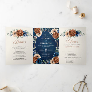Terracotta Navy Blue Greenery Geometric Wedding Tr Dreifach Gefaltete Ankündigung