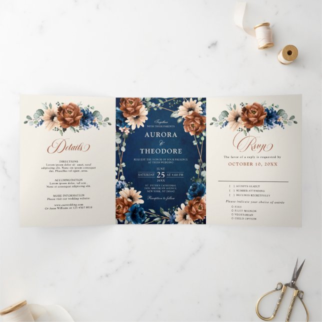 Terracotta Navy Blue Greenery Geometric Wedding Tr Dreifach Gefaltete Ankündigung (Innenseite)