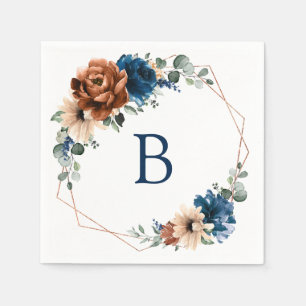 Terracotta Navy Blue Greenery Monogram Wedding Serviette