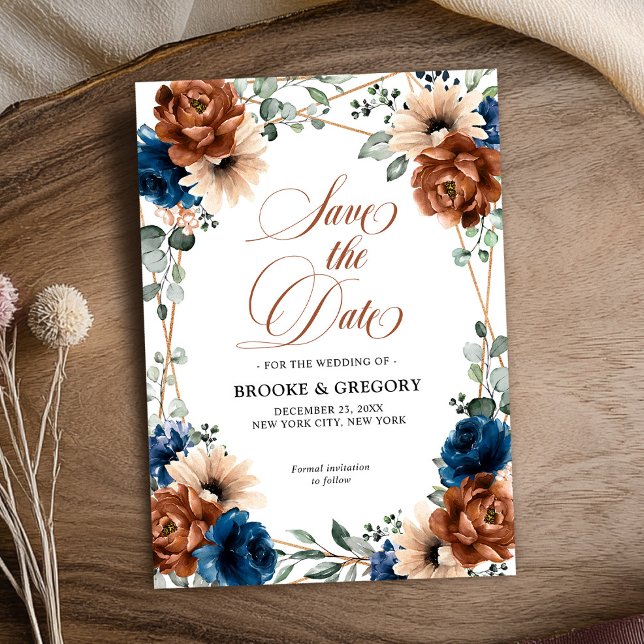 Terracotta Navy Blue Greenery Save the Date (Von Creator hochgeladen)