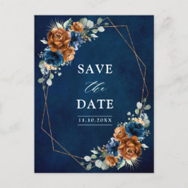 Terracotta Navy Blue Greenery Save the Date Postca Postkarte
