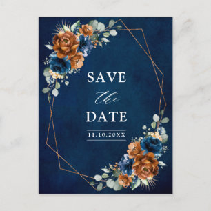 Terracotta Navy Blue Greenery Save the Date Postca Postkarte