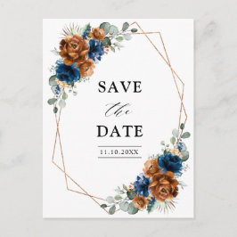 Terracotta Navy Blue Greenery Save the Date Postkarte