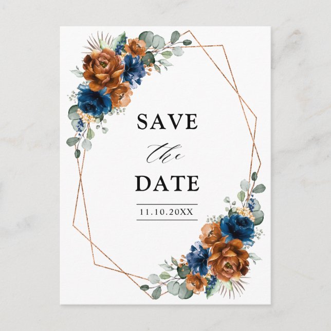 Terracotta Navy Blue Greenery Save the Date Postkarte (Vorderseite)