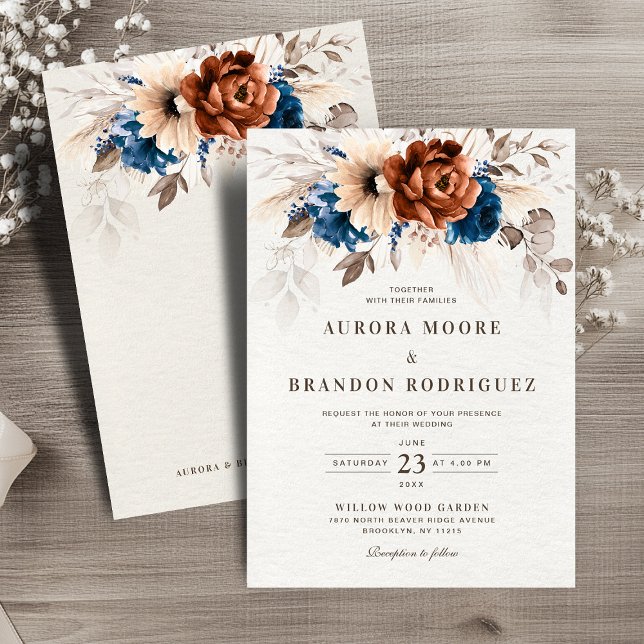 Terracotta Navy Blue Pampas Grass Botanical Weddin Einladung (Terracotta Navy Blue Pampas Grass Botanical Wedding Invitation)