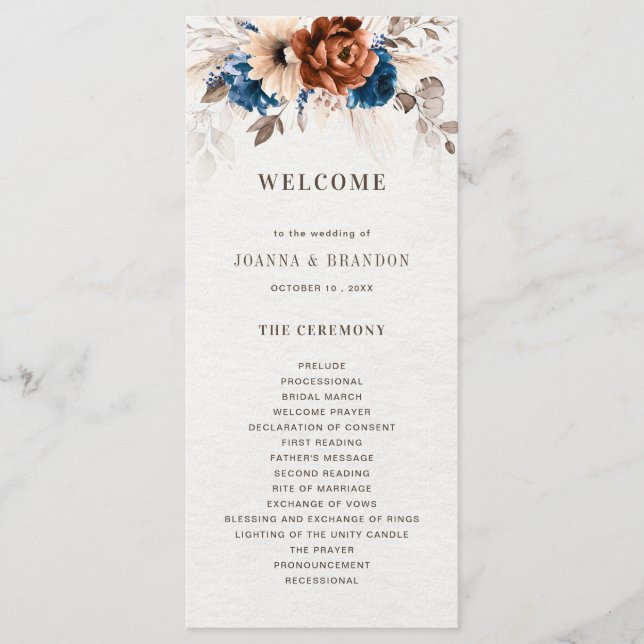 Terracotta Navy Blue Pampas Grass Rustikale Hochze Programm (Vorderseite)