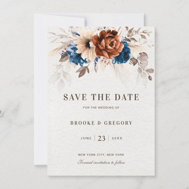 Terracotta Navy Blue Pampas Grass Save the Date (Vorderseite)