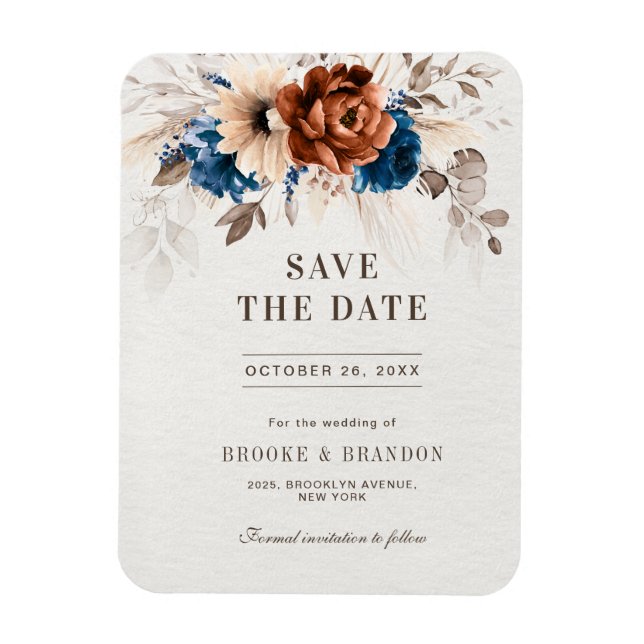 Terracotta Navy Blue Pampas Grass Save the Date Magnet (Vertikal)