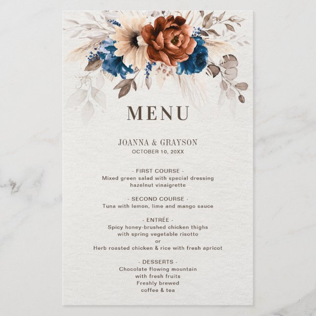 Terracotta Navy Blue Pampas Grass Wedding Menu (Vorderseite)