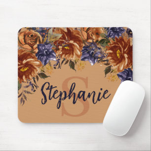 Terracotta Navy Blue Watercolor Floral Monogram Mousepad