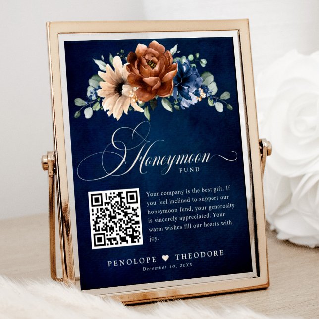 Terracotta Navy Blue Wedding Honeymoon Fund signie Poster (Honeymoon fund wedding sign with terracotta and navy florals)