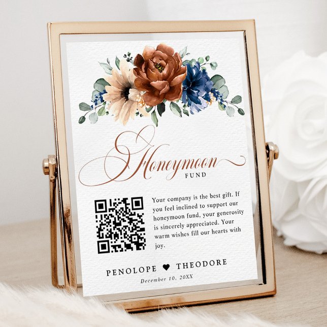 Terracotta Navy Blue Wedding Honeymoon Fund signie Poster (Honeymoon fund QR code sign with terracotta and navy flowers)