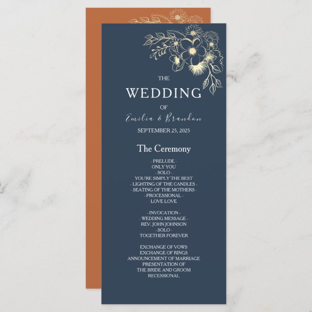Terracotta Navy Blue Wedding Program Programm (Vorne/Hinten)