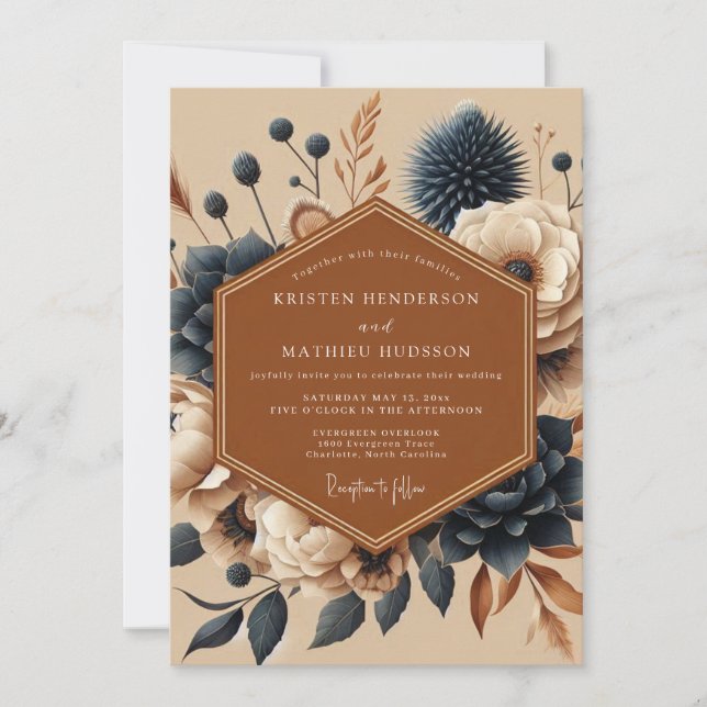 Terracotta Navy Boho Wedding Einladung (Vorderseite)