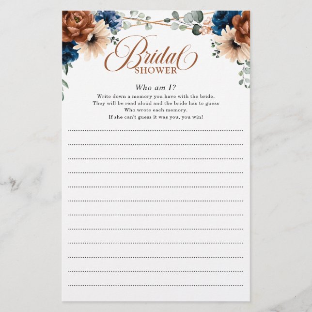 Terracotta Navy Brautparty Game Who is I (Vorderseite)