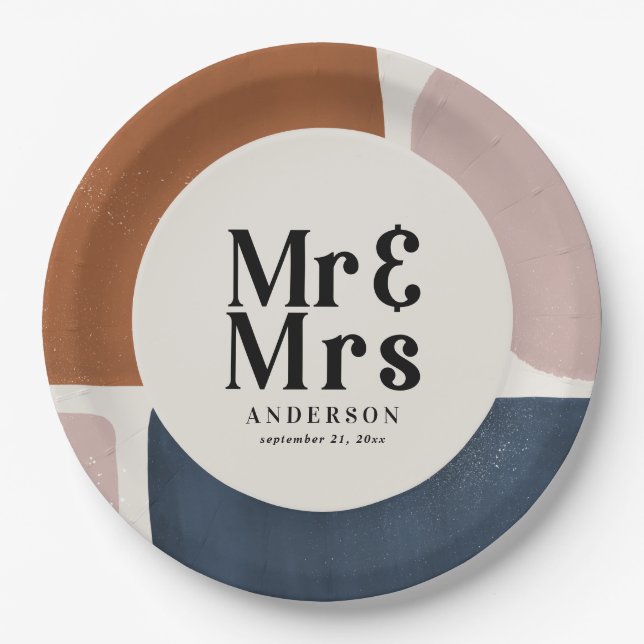 terracotta navy painterly abstract wedding mr mrs pappteller (Vorderseite)